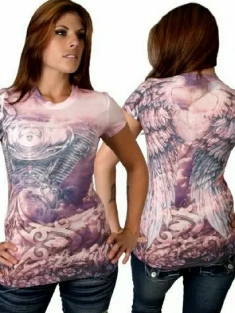Pink Purple Grunge Graphic Angel Wing Tee